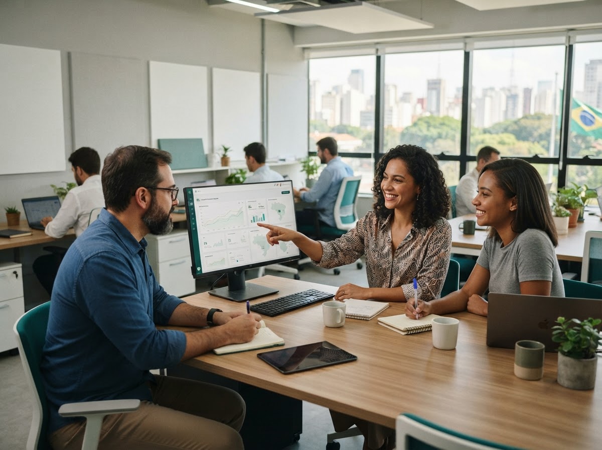 Soluäões Financeiras Integradas — equipe analisando painéis de dados financeiros